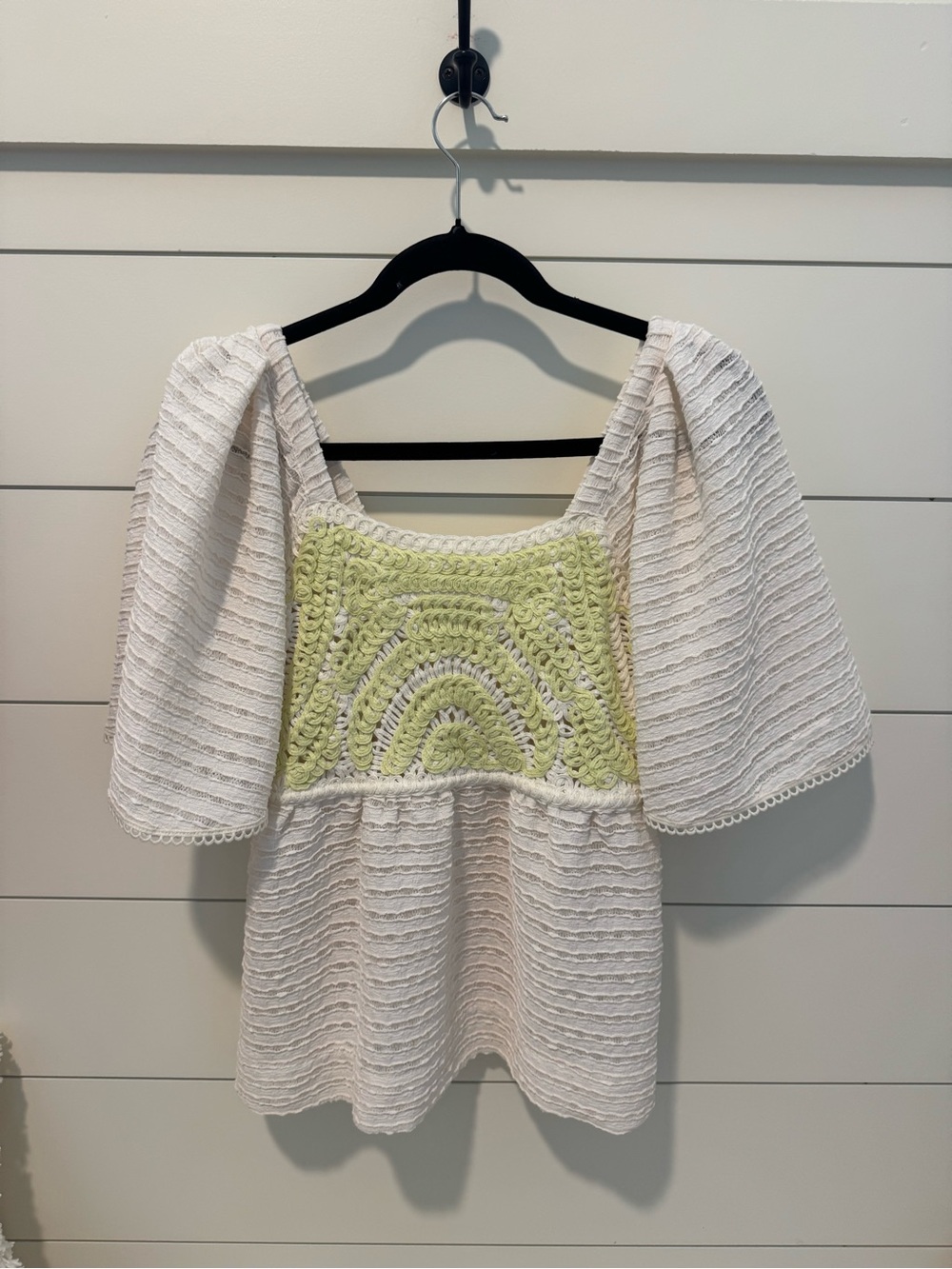 Dex White Top with Light Green Crochet Detail